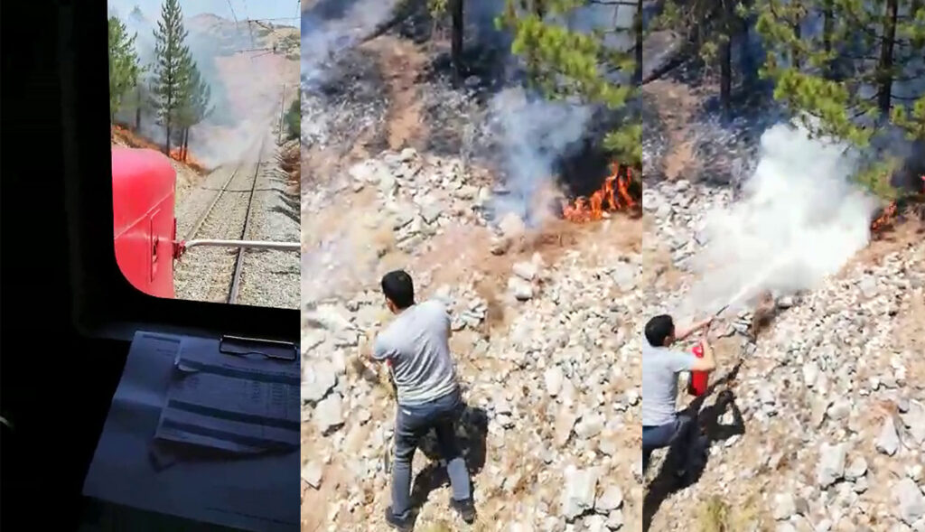 Yangını gören makinist treni durdurdu!