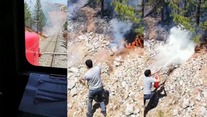 Yangını gören makinist treni durdurdu!