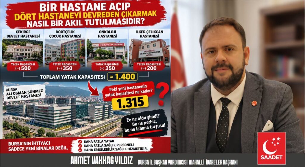 SAADET PARTİSİ’NDEN BURSA’NIN SAĞLIK YATIRIMLARINA TEPKİ: “BİR HASTANE AÇIP DÖRT HASTANEYİ DEVREDEN ÇIKARMAK NASIL BİR PLANLAMADIR?”